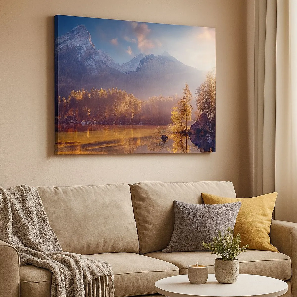 Schilderen op canvas - Schilderachtig uitzicht op het bergbos en het meer bij zonsopgang - 70x50cm - In bergen en dalen - Moderne wanddecoratie voor woonkamer en slaapkamer ARTTOR