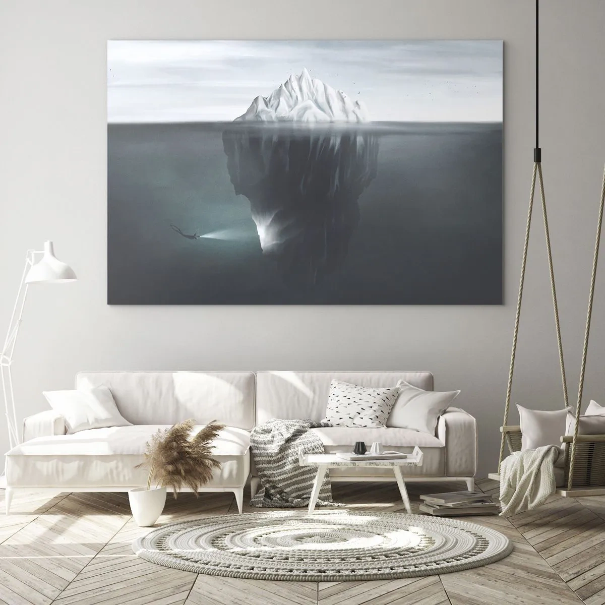 Schilderen op glas - Een ijsberg met een duiker die het onderwatergedeelte verkent - 70x50cm - Onderwater mysterie - Moderne wanddecoratie voor woonkamer en slaapkamer ARTTOR