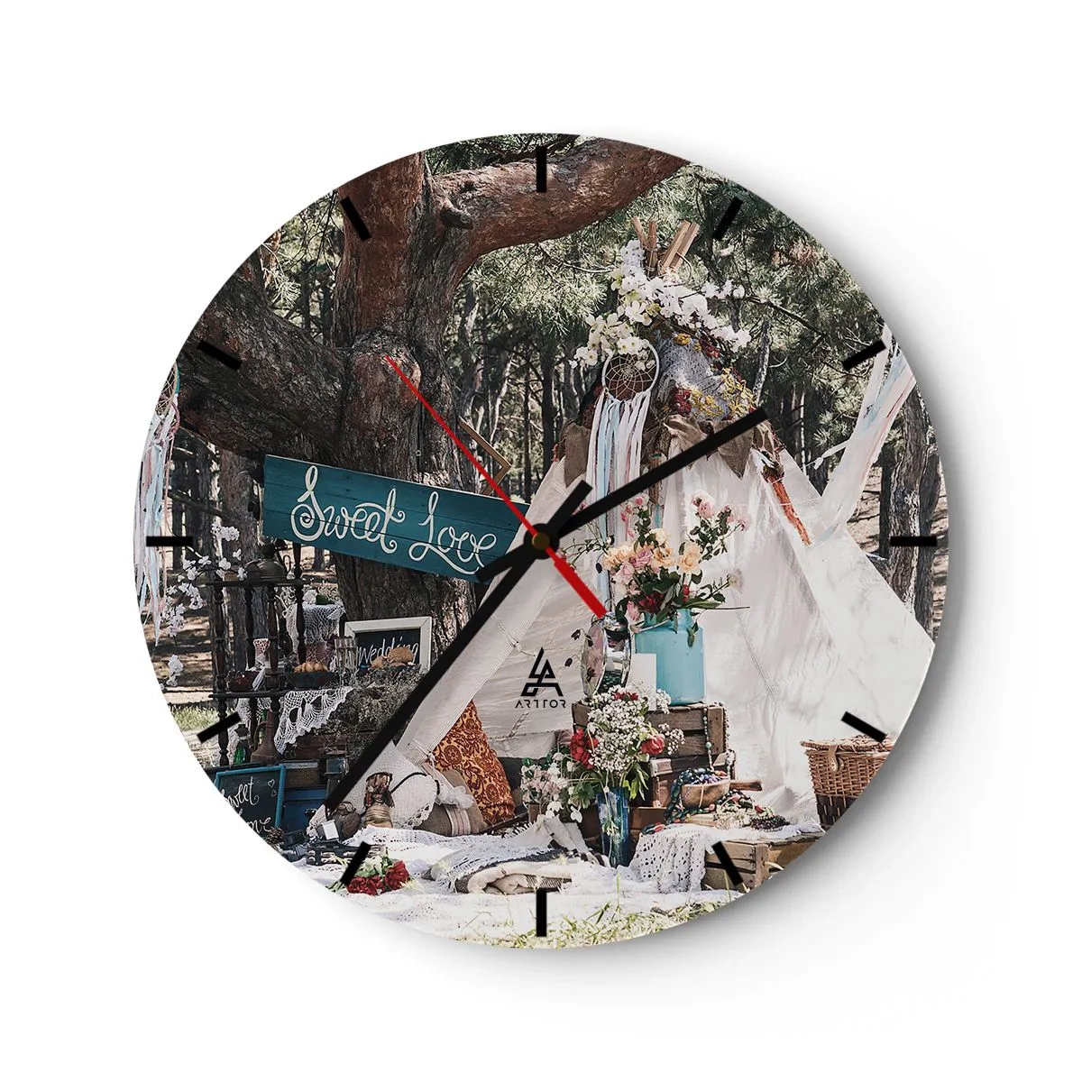 Wandklok - Klok - Romantische huwelijksdecoratie in een bosrijke omgeving - 30x30cm - De liefde bedrijven ... - Moderne wanddecoratie voor woonkamer, keuken en slaapkamer ARTTOR