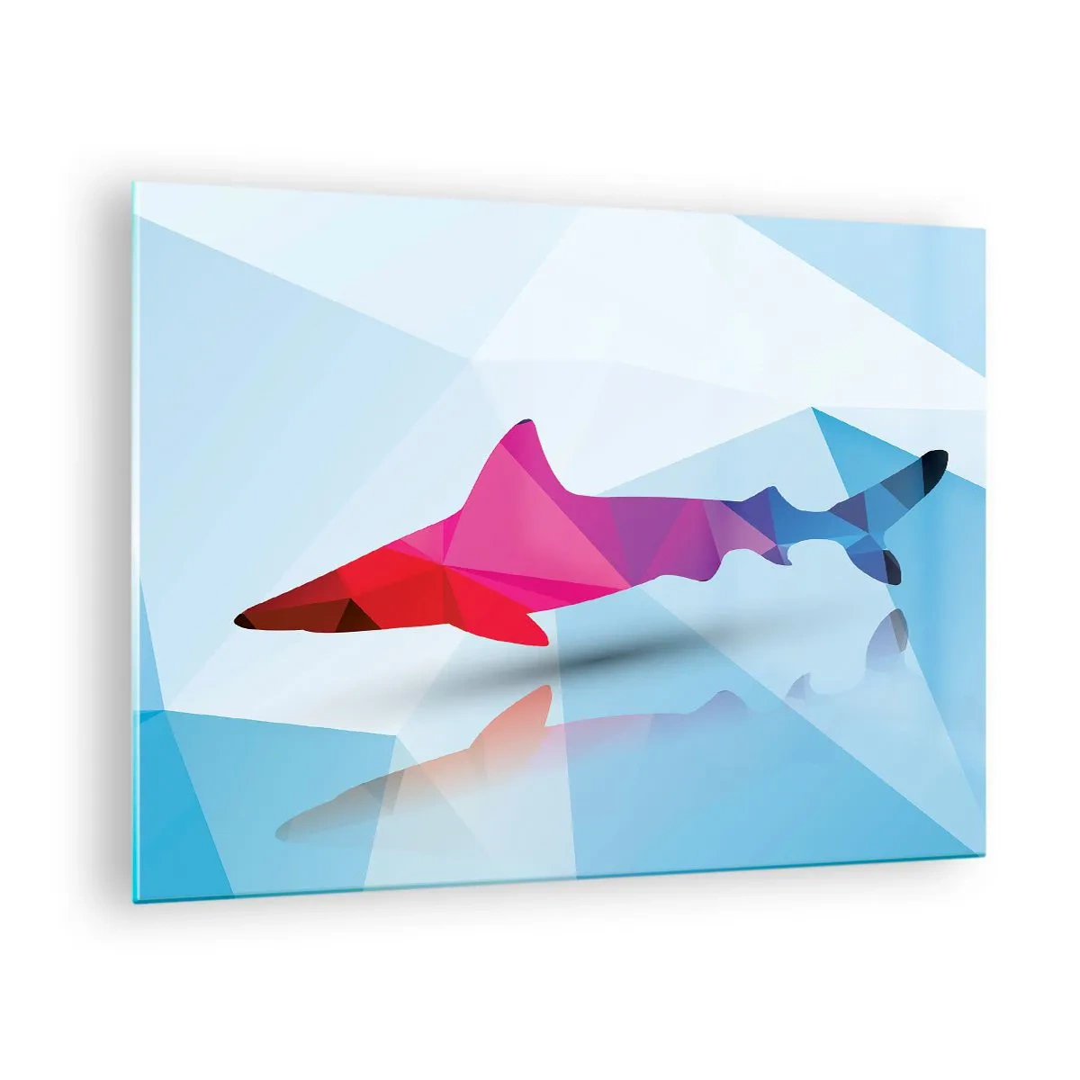 Schilderen op glas - Geometrische haai in tinten rood en blauw - 70x50cm - Een haai in een kristallen ruimte - Moderne wanddecoratie voor woonkamer en slaapkamer ARTTOR