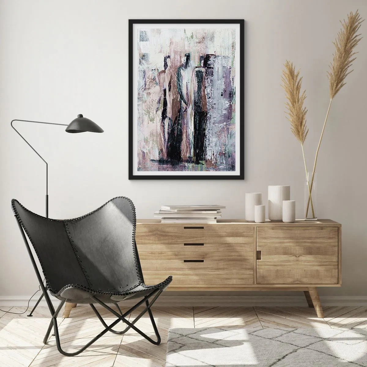 Poster in een zwarte lijst - Abstracte figuren in gedempte kleuren - 50x70cm - De mysterieuze drie - Moderne wanddecoratie voor woonkamer en slaapkamer ARTTOR