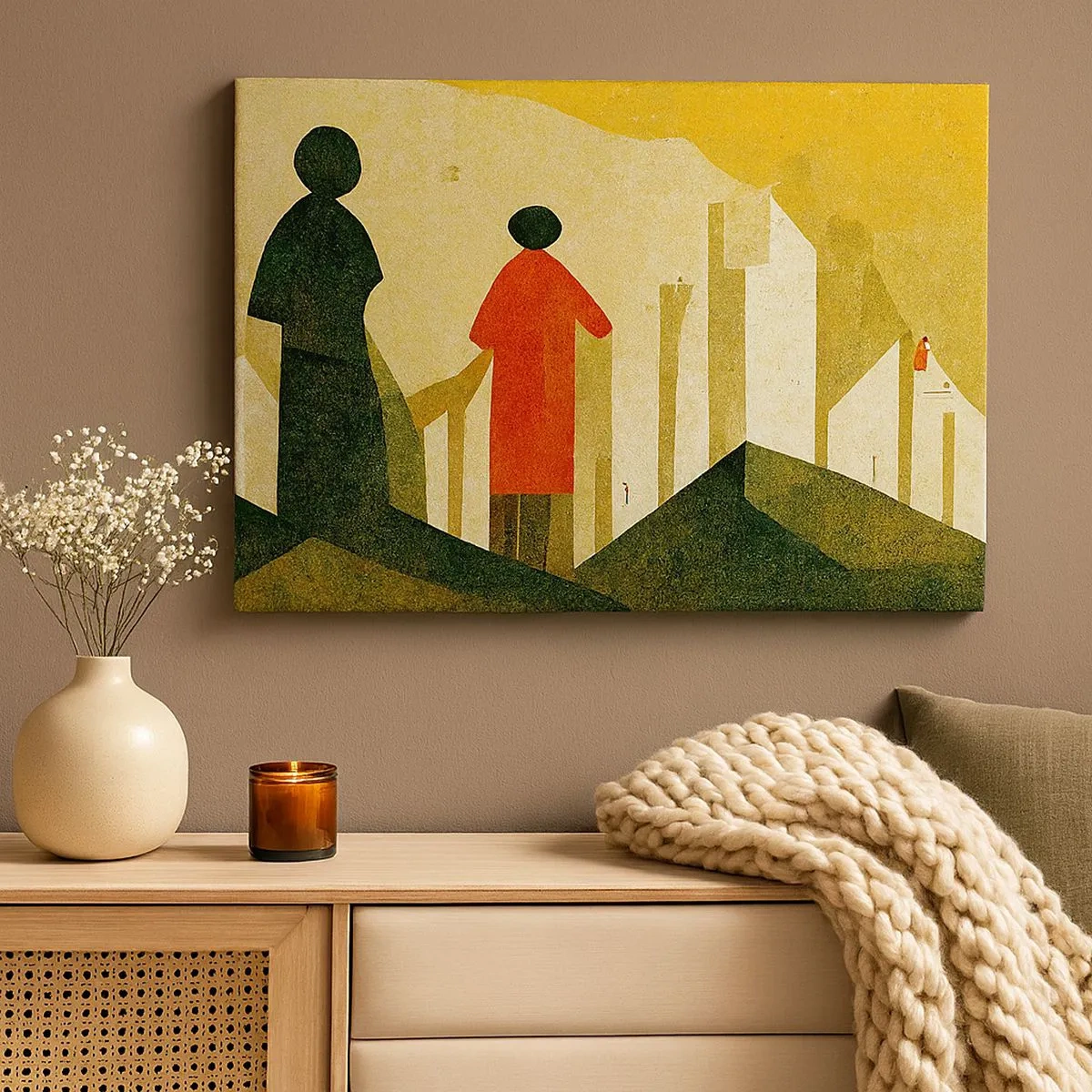 Schilderen op canvas - Geometrische silhouetten in rood en groen op een gele achtergrond - 70x50cm - Er is nog een lange weg te gaan - Moderne wanddecoratie voor woonkamer en slaapkamer ARTTOR