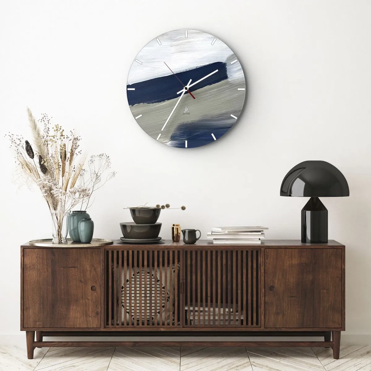 Wandklok - Klok - Abstracte penseelstreken in wit en marineblauw - 30x30cm - Ontmoeting met witheid - Moderne wanddecoratie voor woonkamer, keuken en slaapkamer ARTTOR