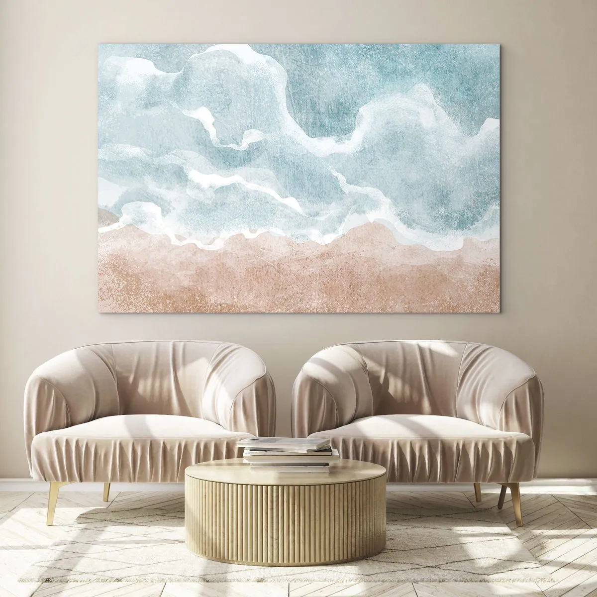 Schilderen op glas - Pastelgolven in blauw- en beigetinten creëren een wolkachtige abstractie. - 70x50cm - Wolkenabstractie - Moderne wanddecoratie voor woonkamer en slaapkamer ARTTOR