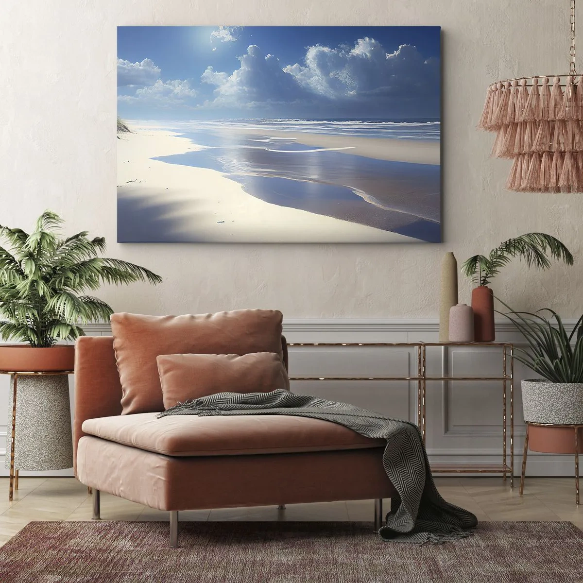 Schilderen op canvas - Een zandstrand met golven onder een blauwe lucht - 70x50cm - Paradijselijke vakantie - Moderne wanddecoratie voor woonkamer en slaapkamer ARTTOR