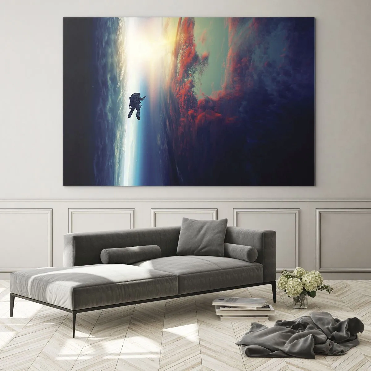 Schilderen op glas - Een astronaut die door de ruimte zweeft richting het licht - 70x50cm - Ga het universum tegemoet - Moderne wanddecoratie voor woonkamer en slaapkamer ARTTOR