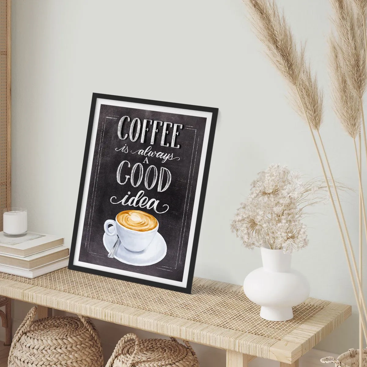Poster in een zwarte lijst - Koffieposter met letters in krijtbordstijl - 50x70cm - Of course! - Moderne wanddecoratie voor woonkamer en slaapkamer ARTTOR