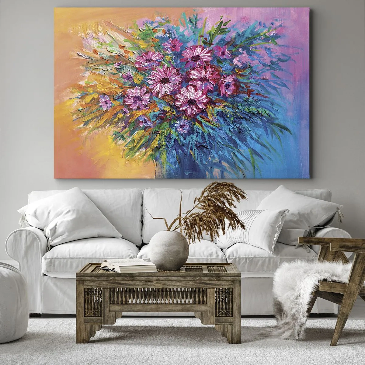 Schilderen op canvas - Kleurrijke bloemen in een boeket tegen een pastelkleurige achtergrond - 70x50cm - Levensenergie - Moderne wanddecoratie voor woonkamer en slaapkamer ARTTOR