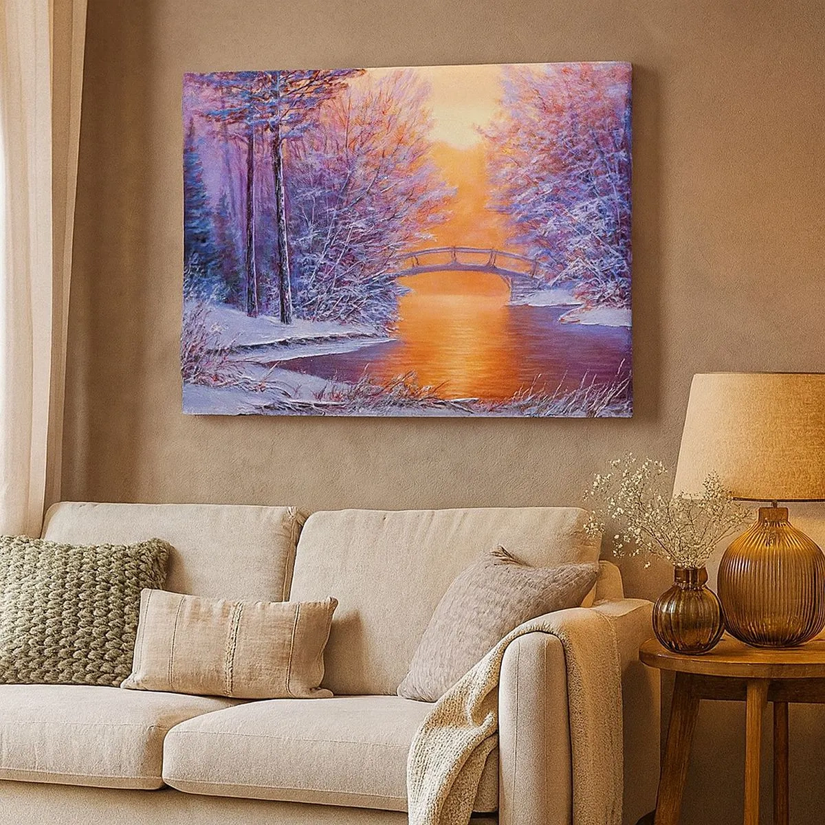 Schilderen op canvas - Winterlandschap met een brug en zonsondergang - 70x50cm - Laten we elkaar hier ontmoeten - Moderne wanddecoratie voor woonkamer en slaapkamer ARTTOR