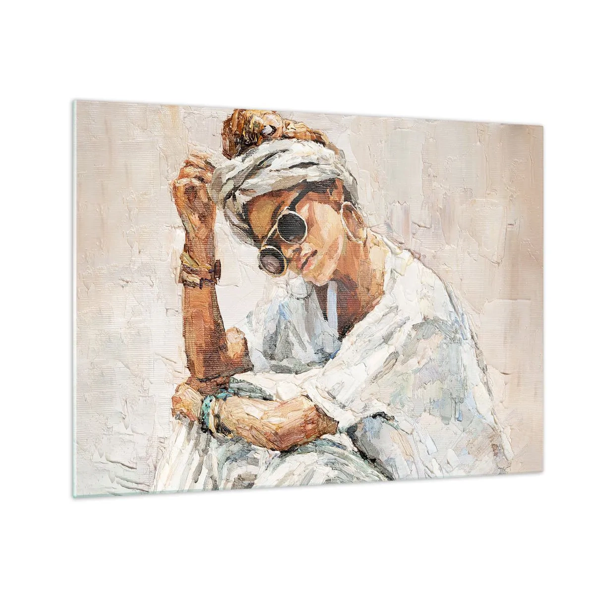 Schilderen op glas - Portret van een vrouw met een bril en een tulband geschilderd met een paletmes - 70x50cm - Portret in de volle zon - Moderne wanddecoratie voor woonkamer en slaapkamer ARTTOR