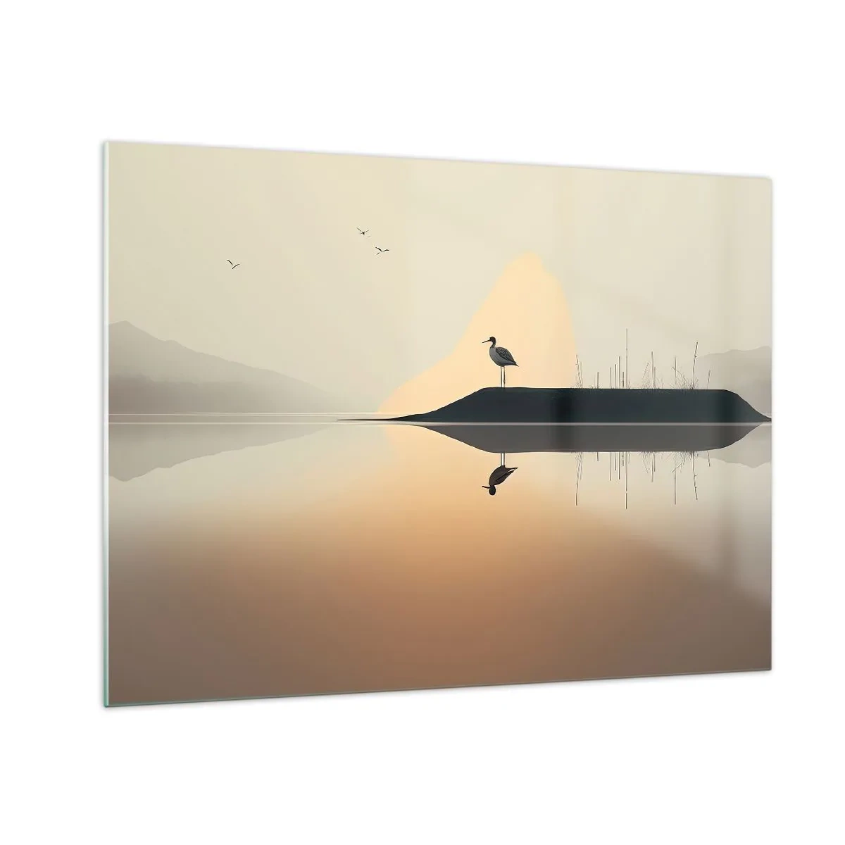 Schilderen op glas - Een reiger staat op een eiland in het kalme water van een meer - 70x50cm - Heer op het meer - Moderne wanddecoratie voor woonkamer en slaapkamer ARTTOR