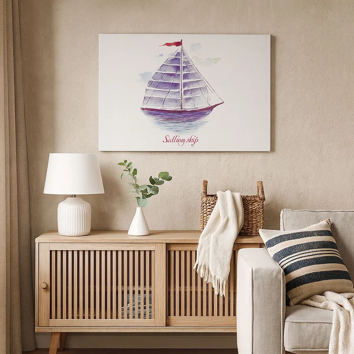 Schilderen op canvas - Een aquarel van een zeilboot op het water met een delicate inscriptie - 70x50cm - Volle zeilen en rustig water - Moderne wanddecoratie voor woonkamer en slaapkamer ARTTOR