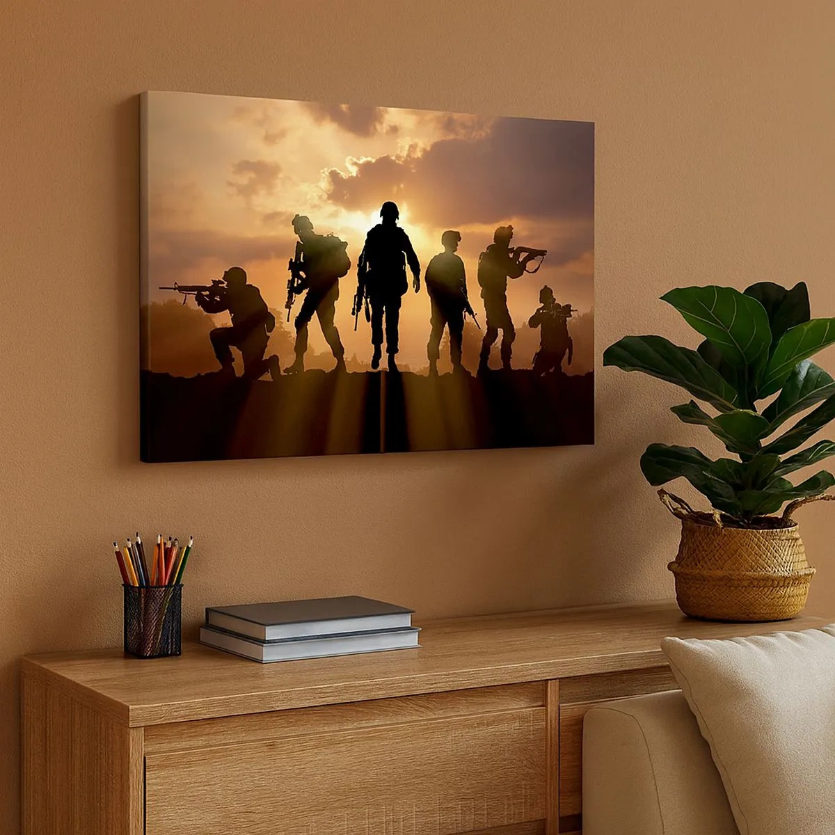 Schilderen op canvas - Soldaten tegen de achtergrond van de ondergaande zon in een dynamische omgeving - 70x50cm - Brothers in arms - Moderne wanddecoratie voor woonkamer en slaapkamer ARTTOR