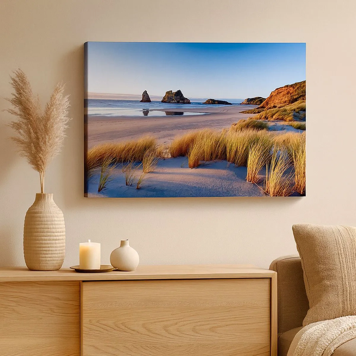 Schilderen op canvas - Een pittoresk strand met uitzicht op de rotsen en de zee bij zonsondergang - 70x50cm - Voor rustzoekers - Moderne wanddecoratie voor woonkamer en slaapkamer ARTTOR