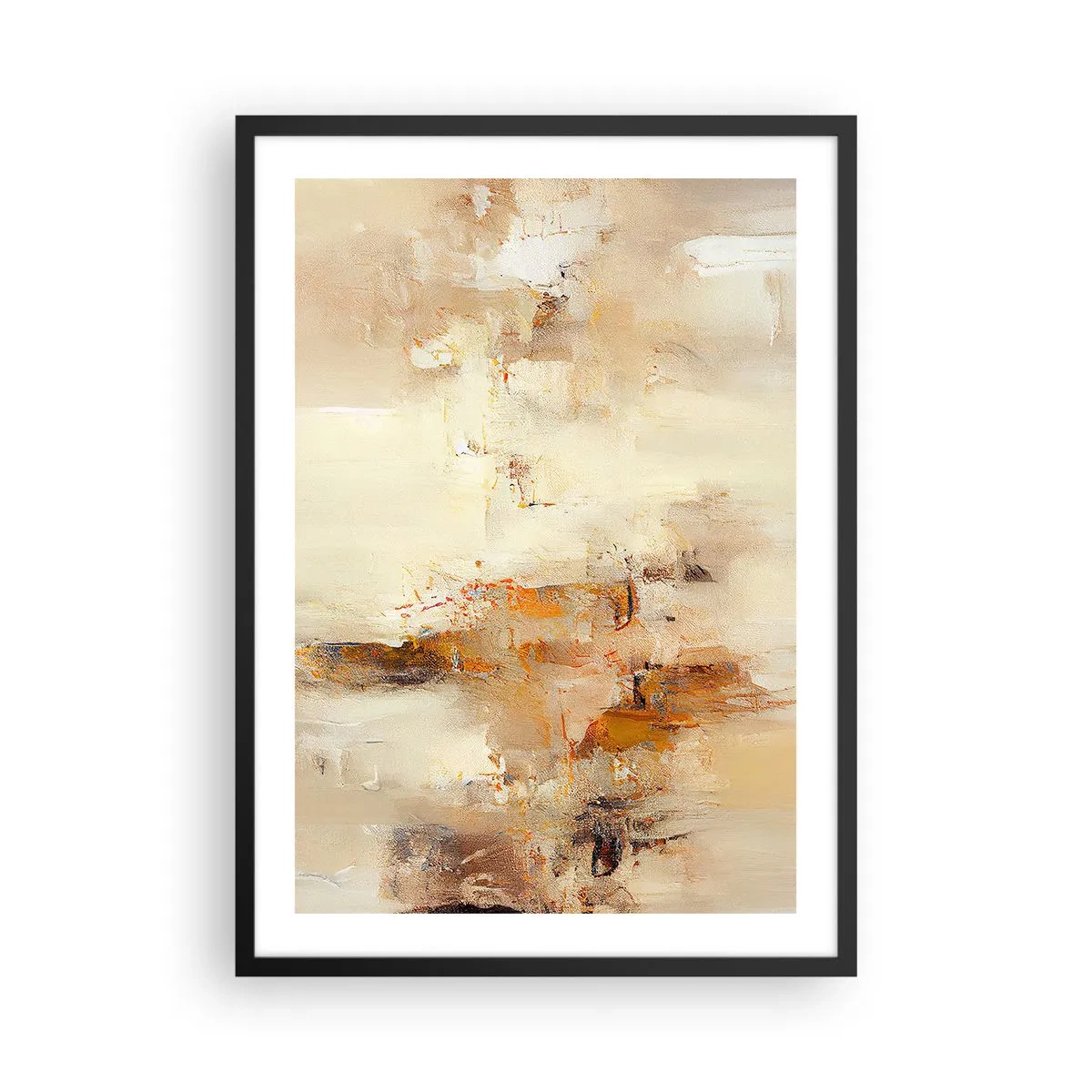 Poster in een zwarte lijst - Een abstracte compositie in warme tinten beige en goud. - 50x70cm - Ziel van Amber - Moderne wanddecoratie voor woonkamer en slaapkamer ARTTOR