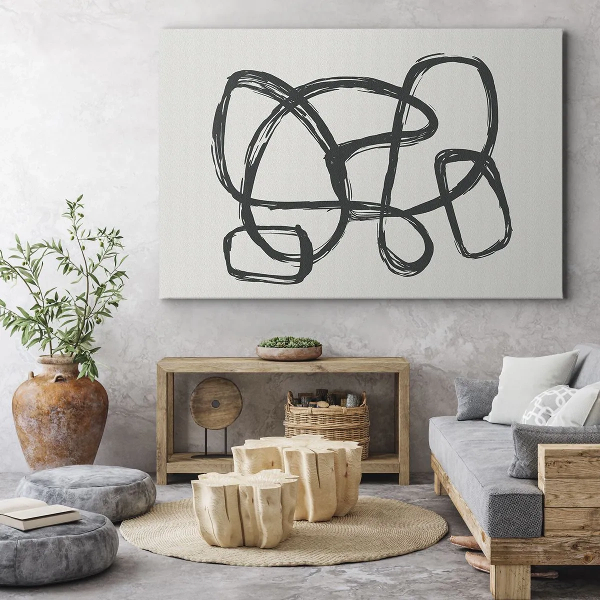 Schilderen op canvas - Abstracte lijnen creëren vrije vormen op een lichte achtergrond - 70x50cm - Lusvormige abstractie - Moderne wanddecoratie voor woonkamer en slaapkamer ARTTOR