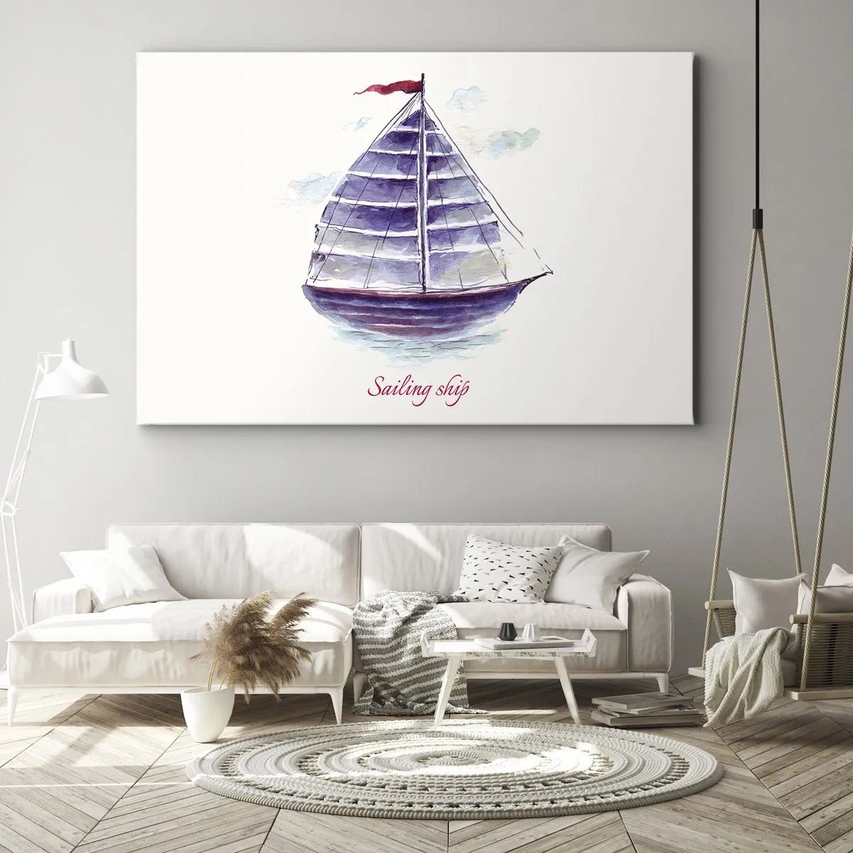 Schilderen op canvas - Een aquarel van een zeilboot op het water met een delicate inscriptie - 70x50cm - Volle zeilen en rustig water - Moderne wanddecoratie voor woonkamer en slaapkamer ARTTOR