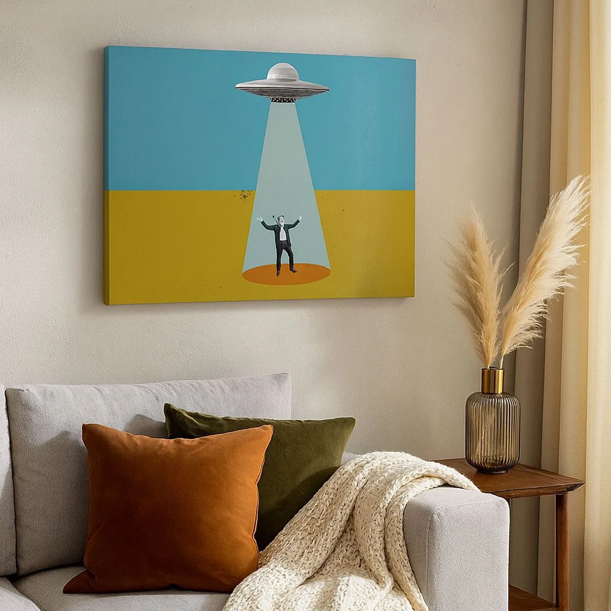 Schilderen op canvas - Een man in het licht van een UFO tegen de achtergrond van een kleurrijk landschap - 70x50cm - Een nauwe ontmoeting - Moderne wanddecoratie voor woonkamer en slaapkamer ARTTOR