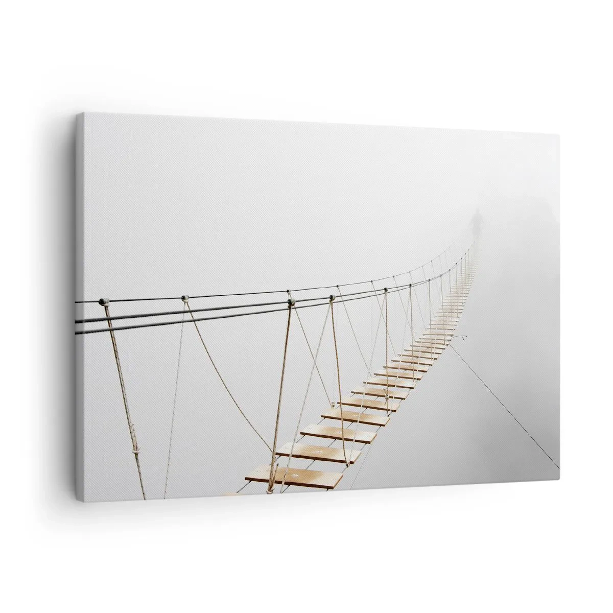 Schilderen op canvas - Een hangbrug in de mist vanuit een minimalistisch perspectief - 70x50cm - Waar zal het je brengen? - Moderne wanddecoratie voor woonkamer en slaapkamer ARTTOR