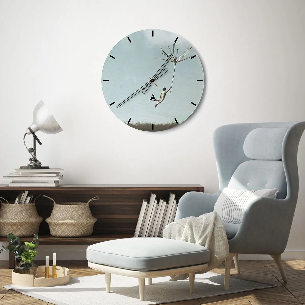 Wandklok - Klok - Een figuur die in de lucht zweeft en een gigantische paardenbloem vasthoudt - 30x30cm - Vliegers, paardebloemen, wind - Moderne wanddecoratie voor woonkamer, keuken en slaapkamer ARTTOR