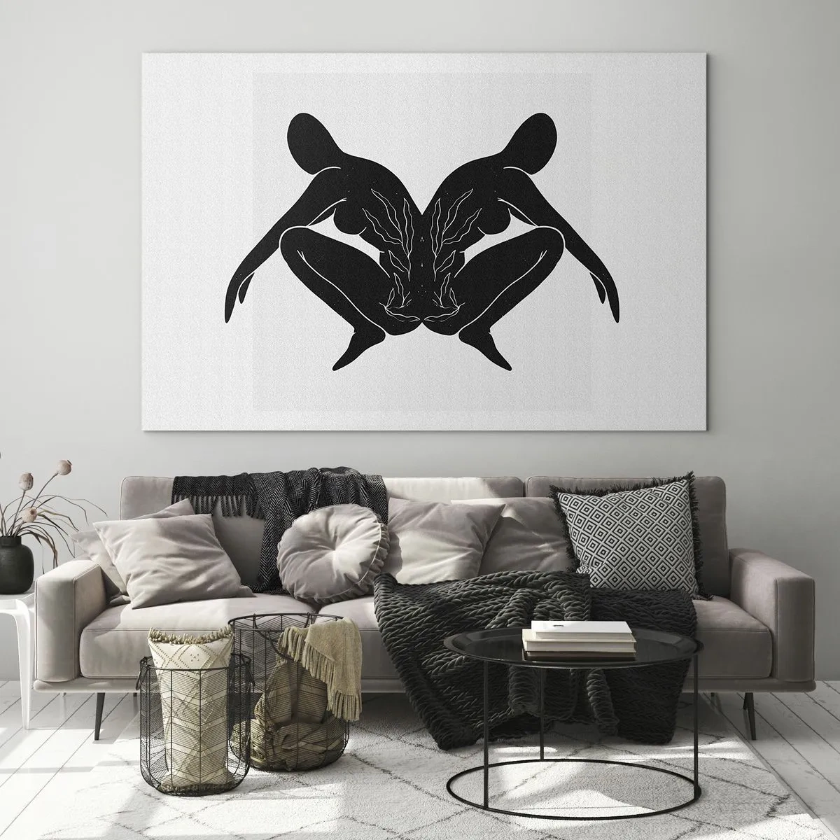 Schilderen op glas - Zwarte figuren die een symmetrisch hart vormen op een witte achtergrond - 70x50cm - Een gemeenschappelijke ziel - Moderne wanddecoratie voor woonkamer en slaapkamer ARTTOR