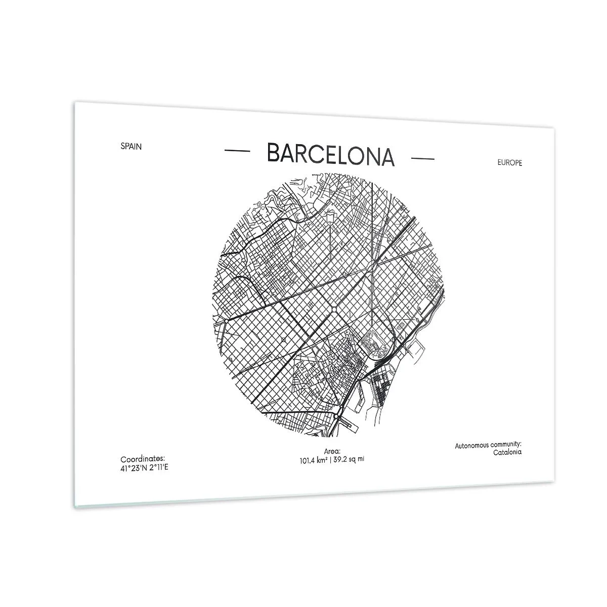 Schilderen op glas - Een minimalistische kaart van Barcelona in zwart-witstijl - 70x50cm - Anatomie van Barcelona - Moderne wanddecoratie voor woonkamer en slaapkamer ARTTOR