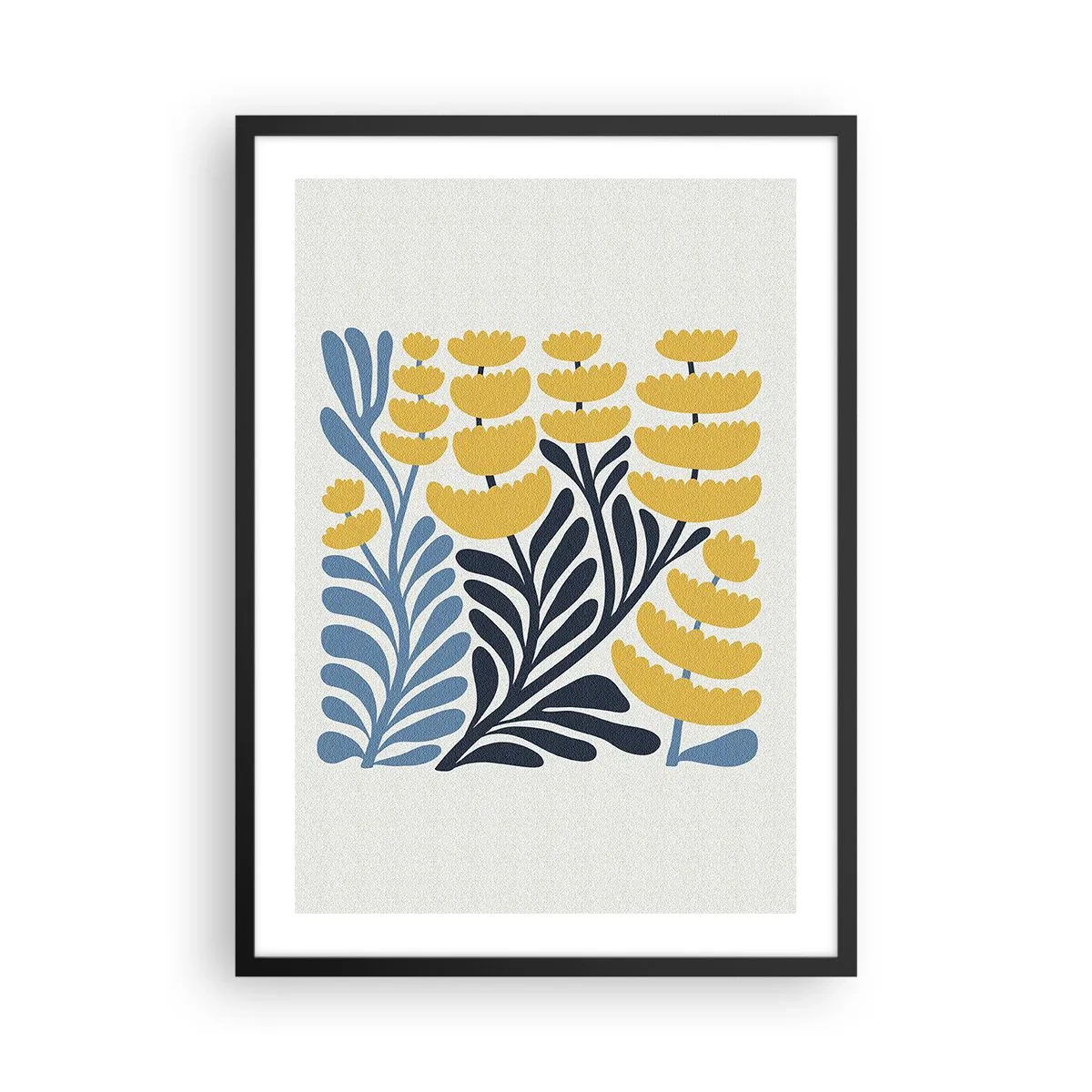 Poster in een zwarte lijst - Gestileerde gele en marineblauwe bloemen in een minimalistische stijl - 50x70cm - Zonnig bloembed - Moderne wanddecoratie voor woonkamer en slaapkamer ARTTOR