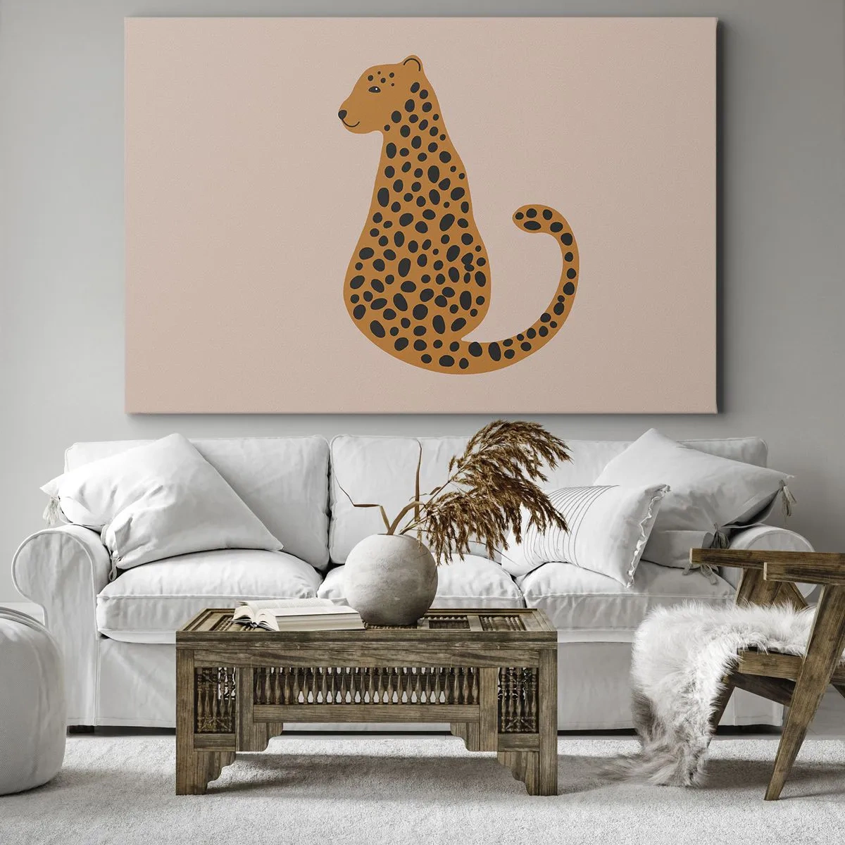 Schilderen op canvas - Een minimalistische tekening van een panter op een beige achtergrond - 70x50cm - Luipaardprint is een modieus print - Moderne wanddecoratie voor woonkamer en slaapkamer ARTTOR