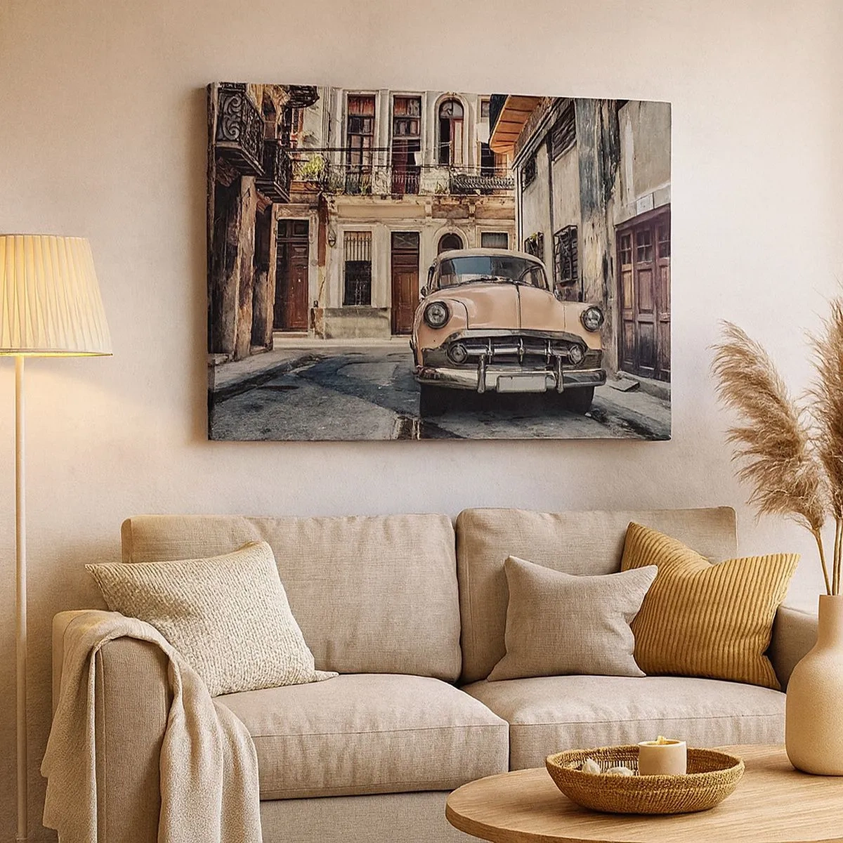 Schilderen op canvas - Een klassieke auto tegen de achtergrond van stedelijke architectuur - 70x50cm - De siësta in Havana - Moderne wanddecoratie voor woonkamer en slaapkamer ARTTOR