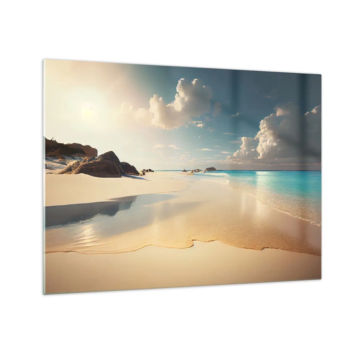Schilderen op glas - Goudkleurig strand en turquoise zee in het licht van de ochtendzon - 70x50cm - Een droomdag - Moderne wanddecoratie voor woonkamer en slaapkamer ARTTOR