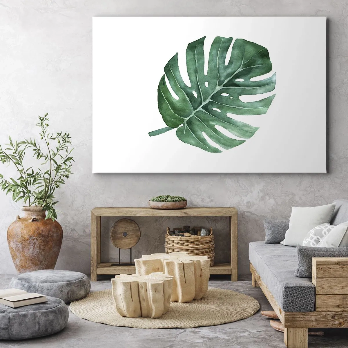 Schilderen op canvas - Groen monsterablad in minimalistische stijl - 70x50cm - Groen concept - Moderne wanddecoratie voor woonkamer en slaapkamer ARTTOR