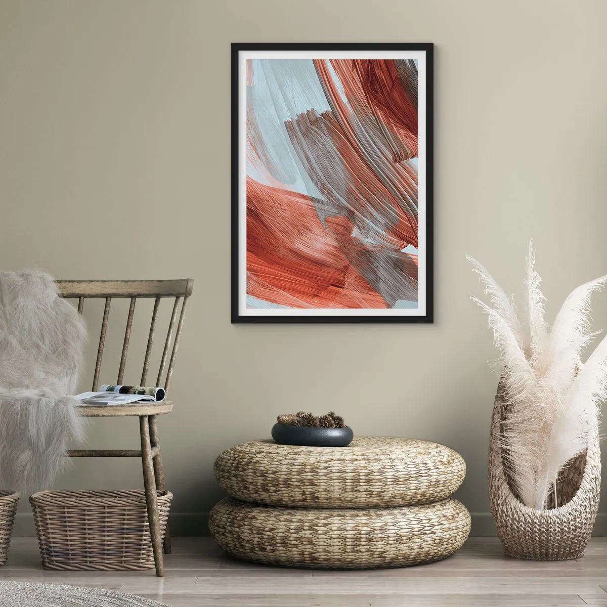 Poster in een zwarte lijst - Dynamische penseelstreken in warme tinten - 50x70cm - Herfst en winderige abstractie - Moderne wanddecoratie voor woonkamer en slaapkamer ARTTOR
