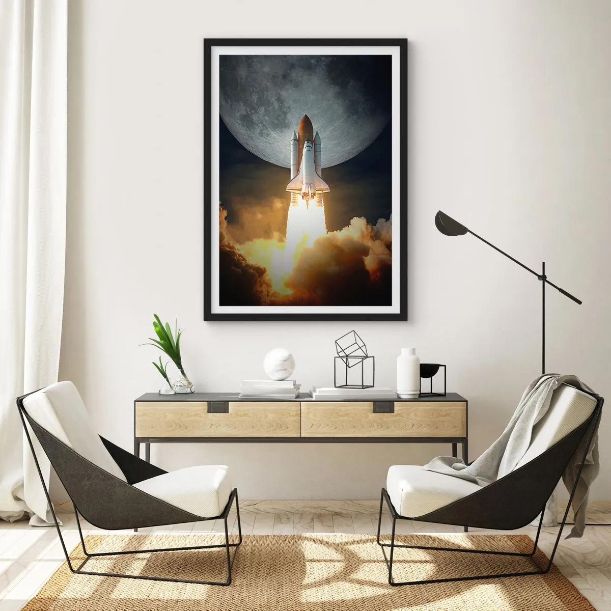 Poster in een zwarte lijst - Lancering van de Space Shuttle met de maan op de achtergrond - 50x70cm - Het begin van een onaards avontuur - Moderne wanddecoratie voor woonkamer en slaapkamer ARTTOR