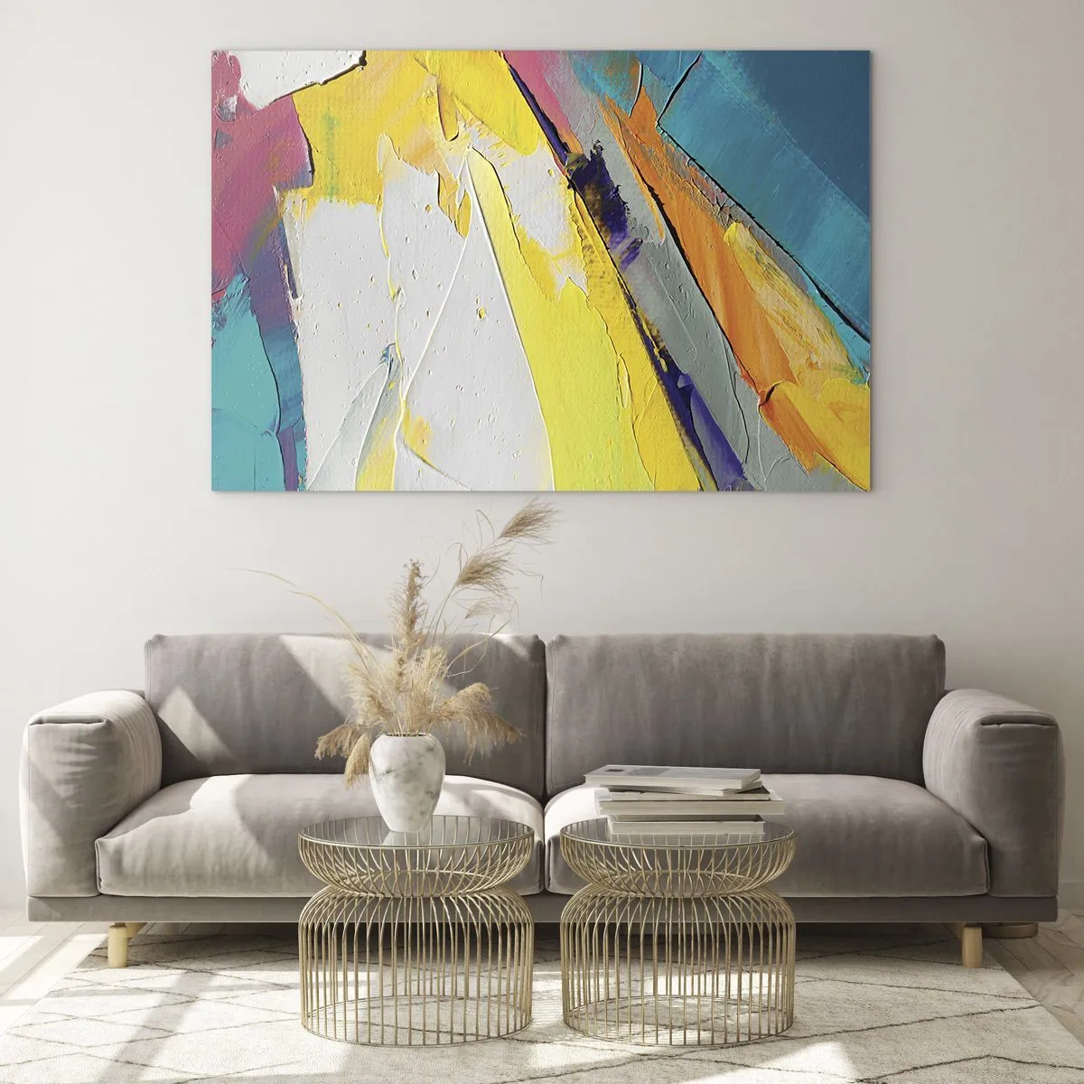 Schilderen op glas - Abstracte penseelstreken in geel, blauw en wit - 70x50cm - De anatomie van licht - Moderne wanddecoratie voor woonkamer en slaapkamer ARTTOR