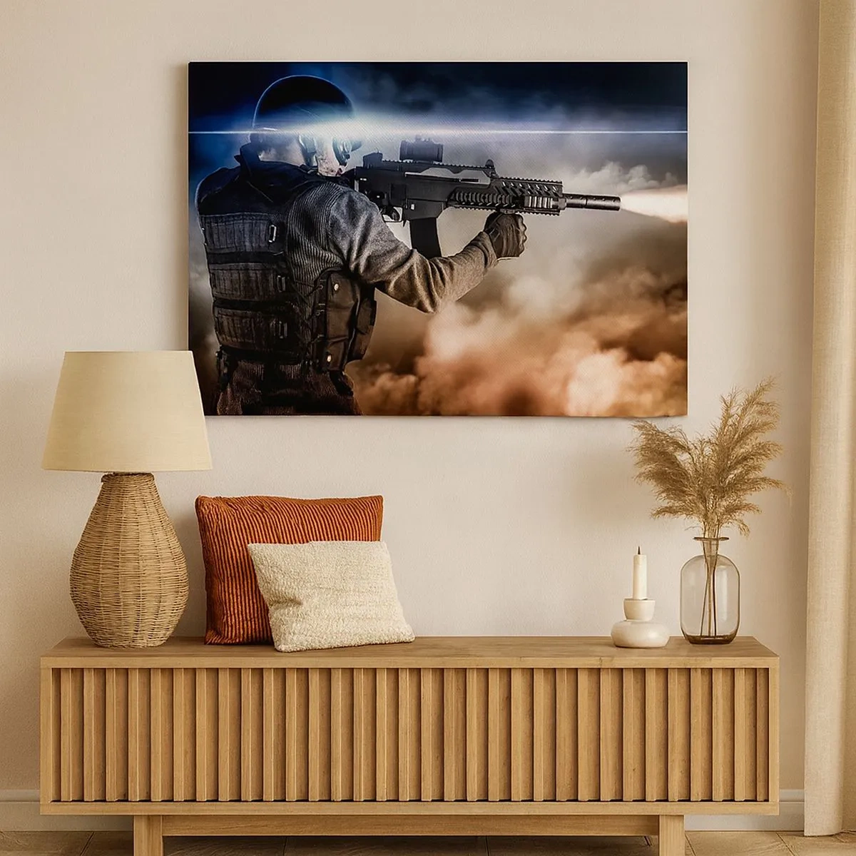 Schilderen op canvas - Een soldaat in actie met een geweer tegen een achtergrond van wolken en licht. - 70x50cm - Gewoon een held - Moderne wanddecoratie voor woonkamer en slaapkamer ARTTOR