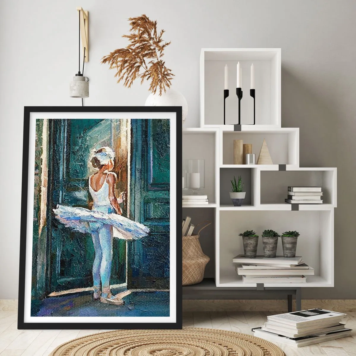Poster in een zwarte lijst - Ballerina in het licht van een deur in impressionistische stijl - 50x70cm - Vóór de show-off - Moderne wanddecoratie voor woonkamer en slaapkamer ARTTOR