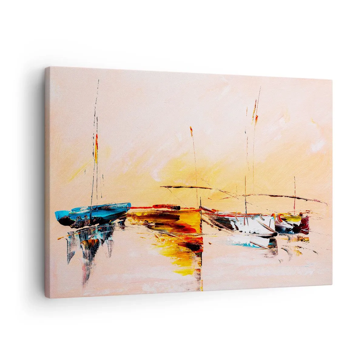 Schilderen op canvas - Kleurrijke boten op kalm water bij zonsondergang - 70x50cm - Avond in de jachthaven - Moderne wanddecoratie voor woonkamer en slaapkamer ARTTOR