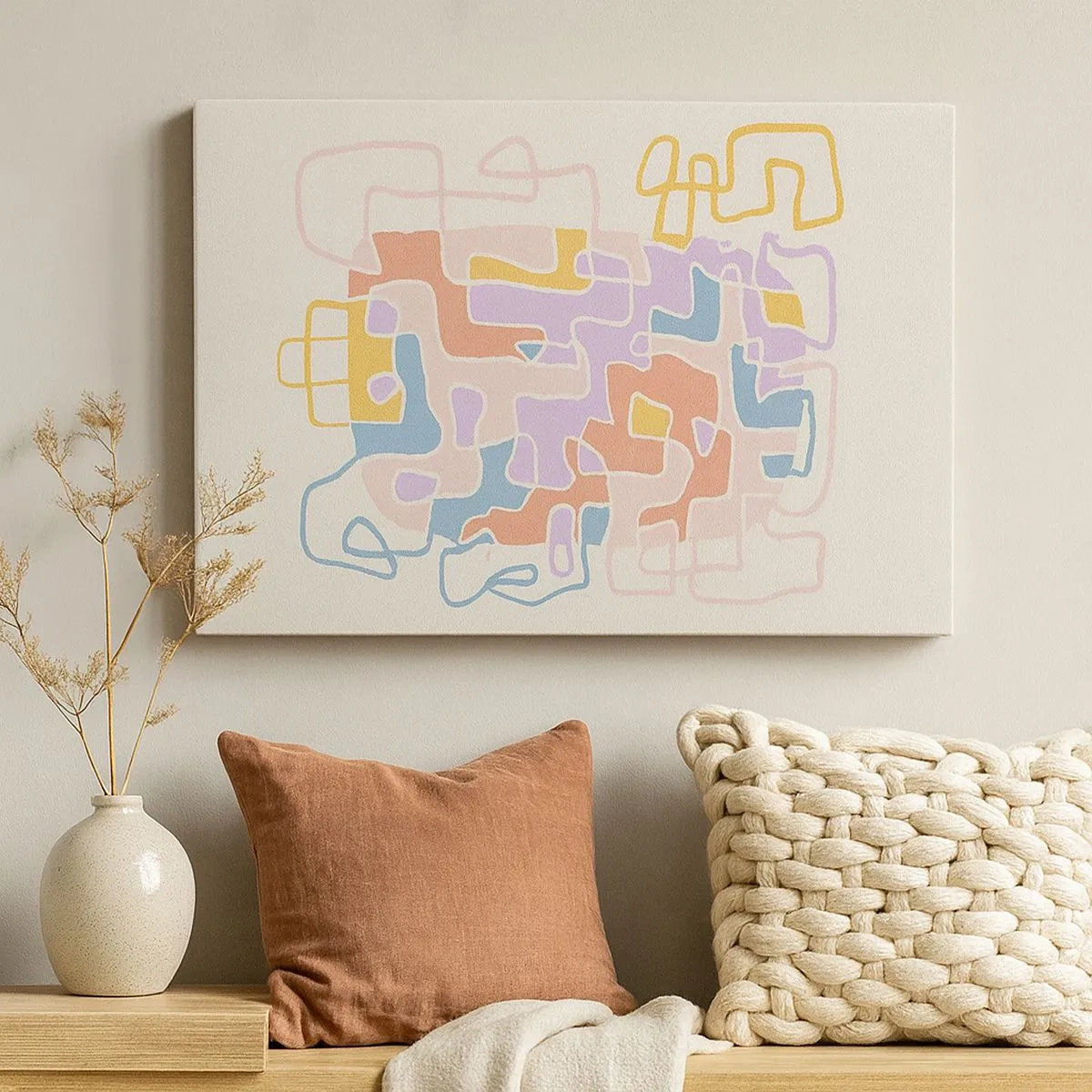 Schilderen op canvas - Pastelkleurige abstracte lijnen die geometrische patronen creëren - 70x50cm - Labyrint – een vreugdevol avontuur - Moderne wanddecoratie voor woonkamer en slaapkamer ARTTOR