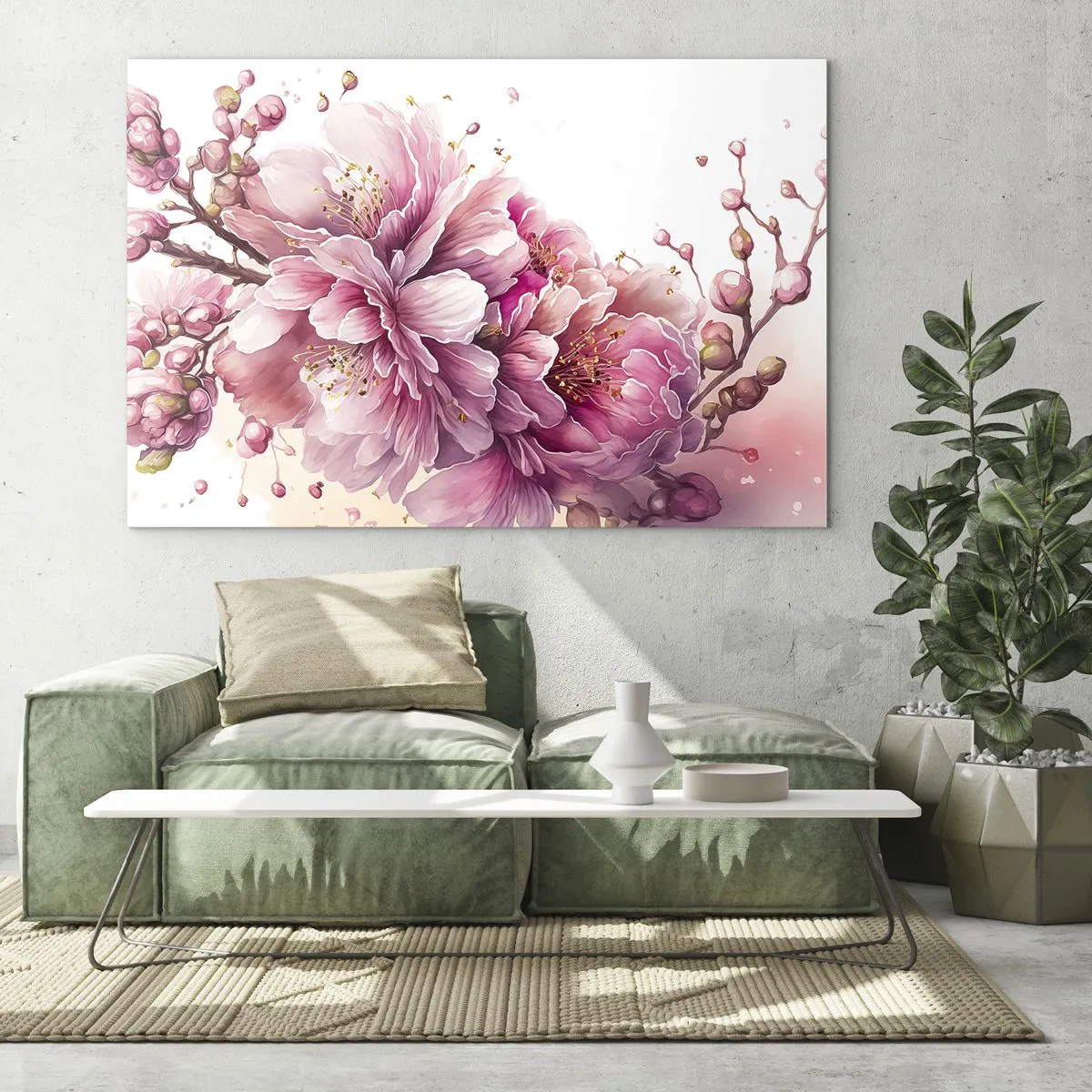 Schilderen op glas - Roze kersenbloesems in volle bloei tegen een lichte achtergrond - 70x50cm - Kersenbloesem - Moderne wanddecoratie voor woonkamer en slaapkamer ARTTOR