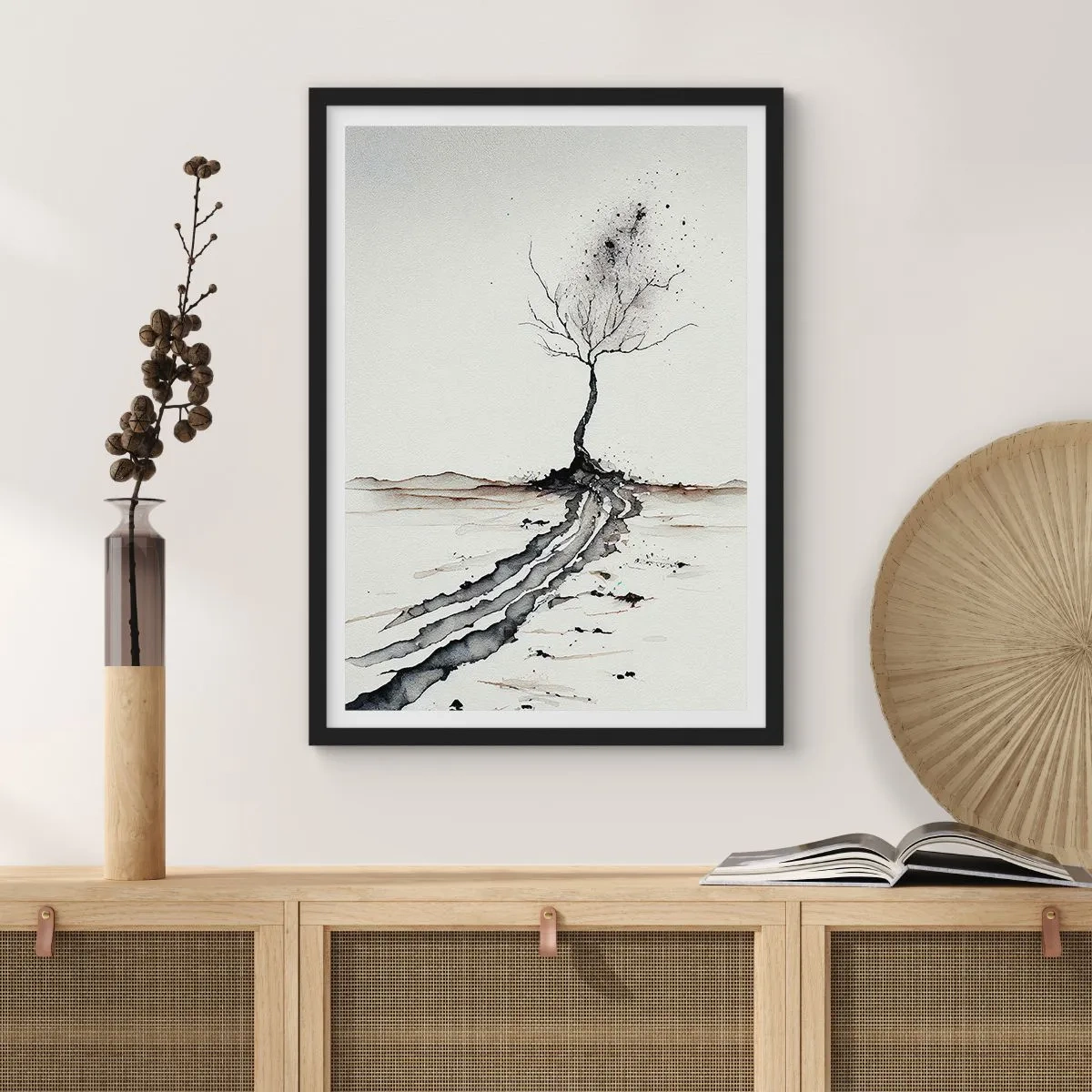 Poster in een zwarte lijst - Een minimalistische boom met abstracte wortels - 50x70cm - Winterse melancholie - Moderne wanddecoratie voor woonkamer en slaapkamer ARTTOR