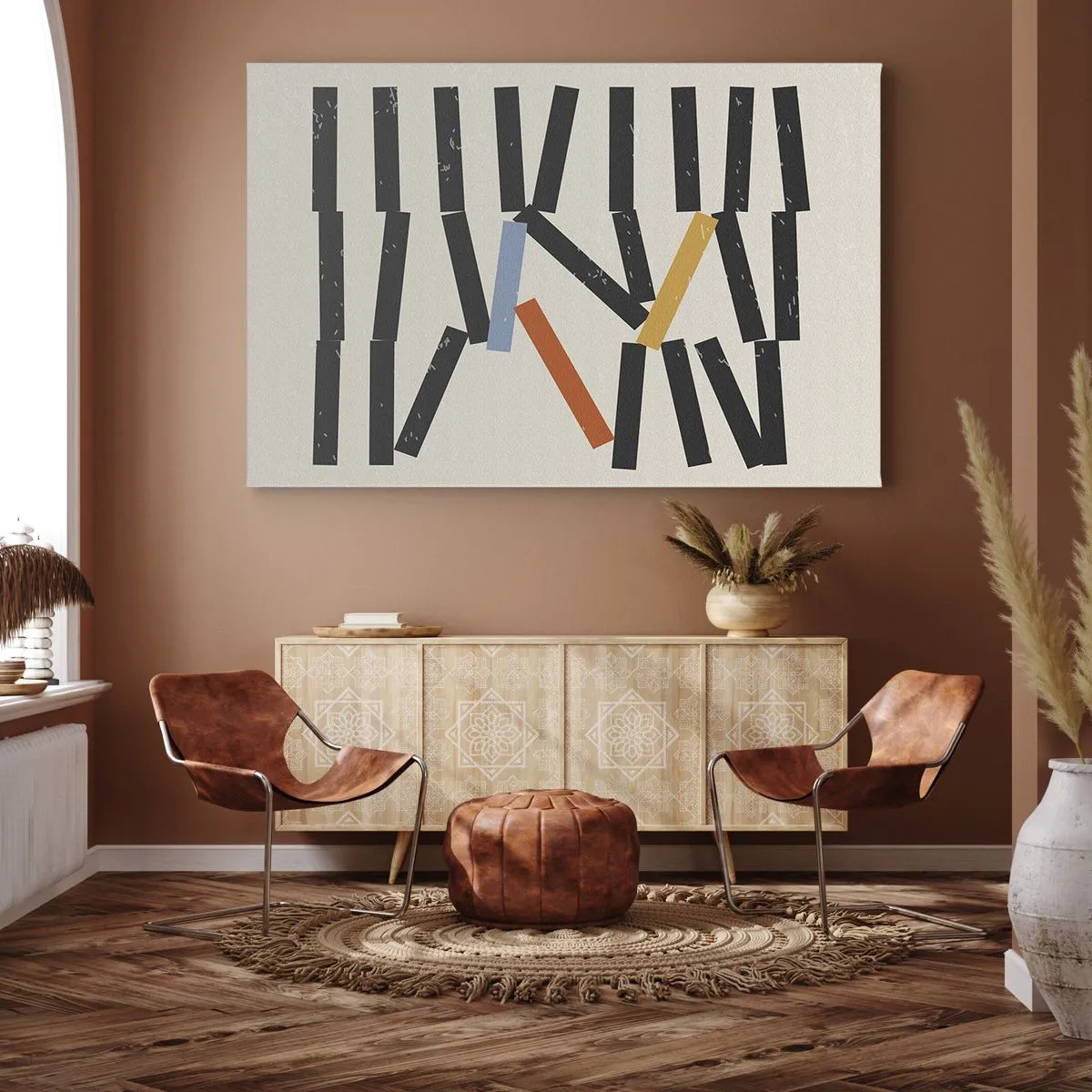 Schilderen op canvas - Abstracte compositie met gekleurde en zwarte rechthoeken - 70x50cm - Domino – compositie - Moderne wanddecoratie voor woonkamer en slaapkamer ARTTOR