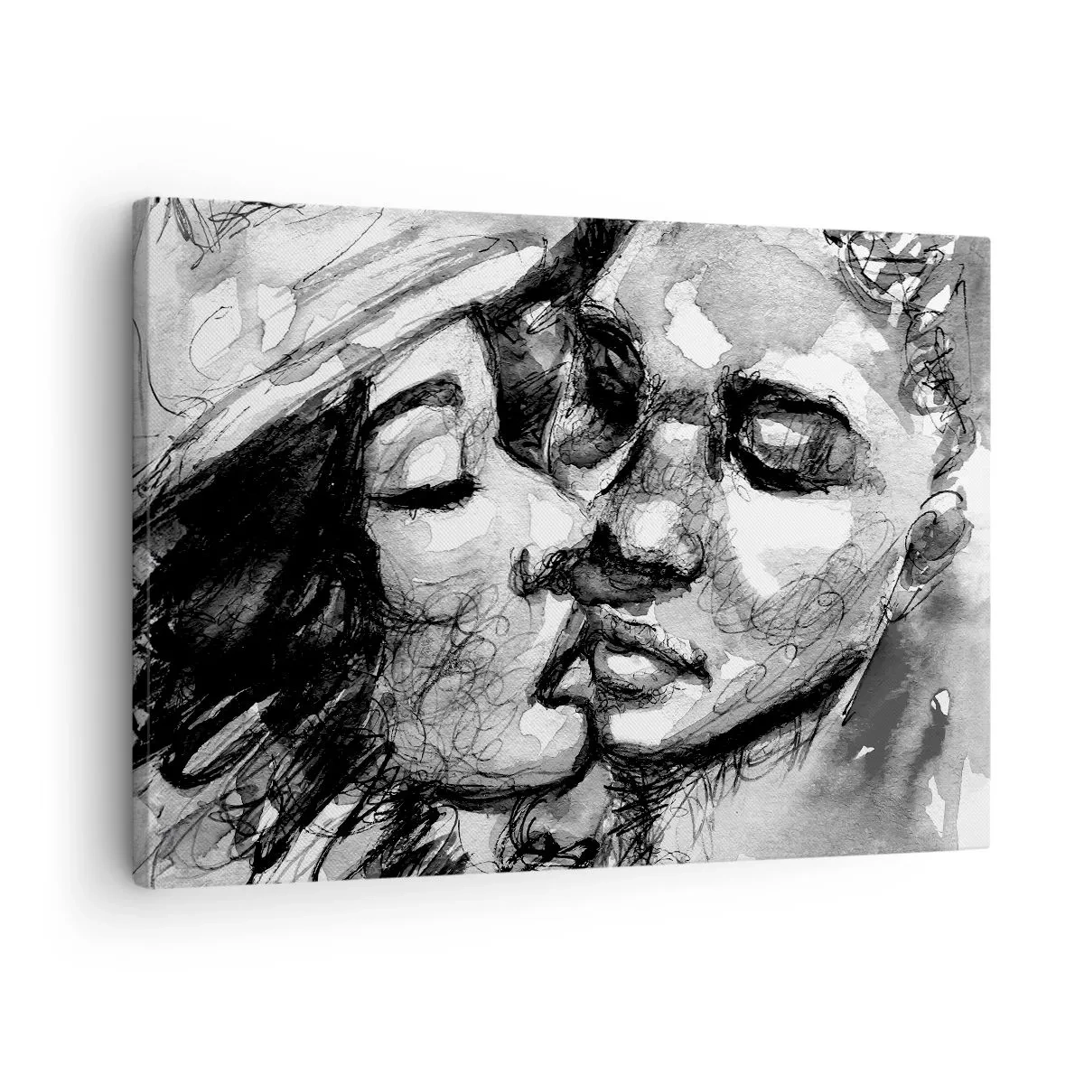 Schilderen op canvas - Een zwart-witte aquarel van een intiem moment tussen twee mensen. - 70x50cm - Een teder moment - Moderne wanddecoratie voor woonkamer en slaapkamer ARTTOR