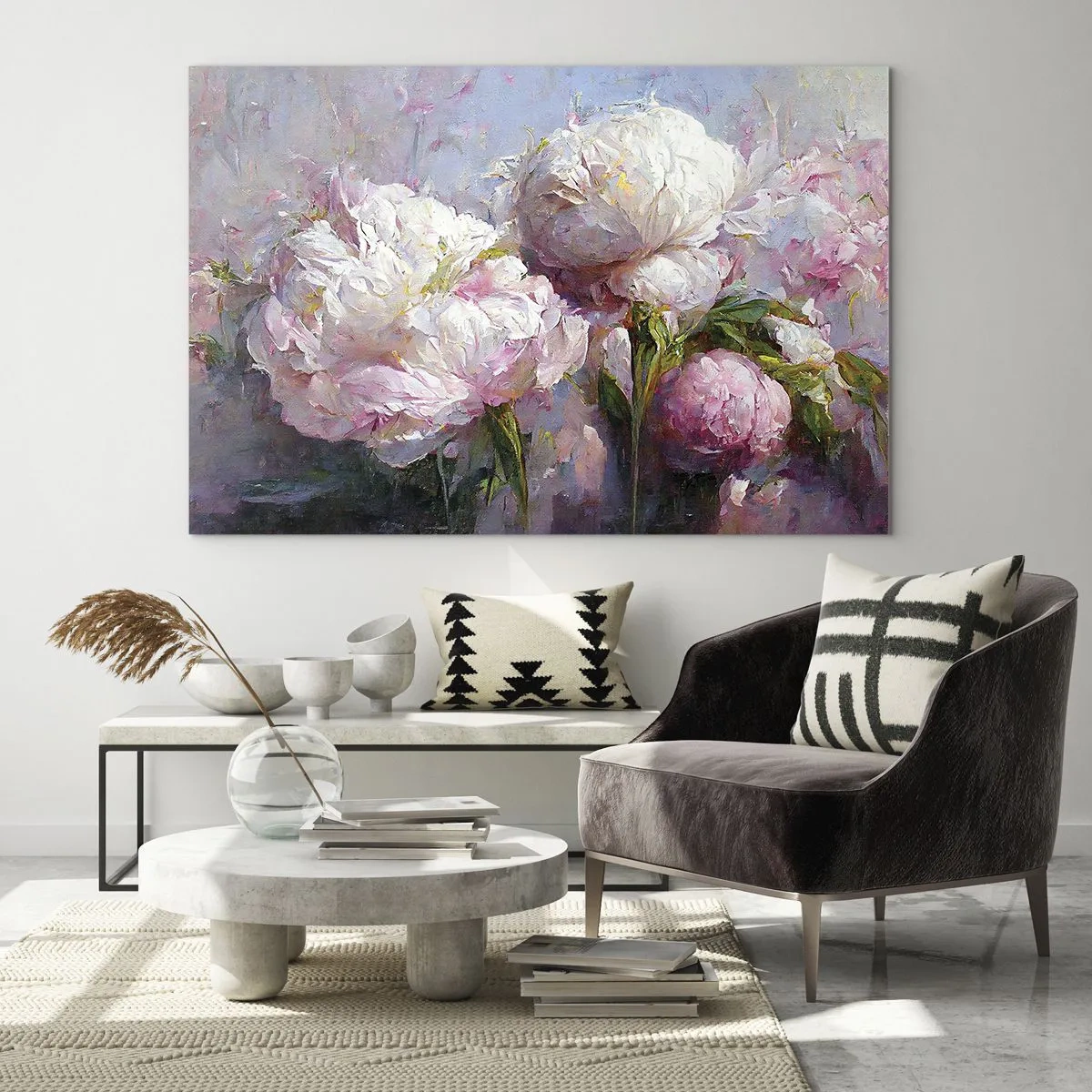 Schilderen op glas - Olieverfschilderij van bloeiende witte en roze pioenrozen - 70x50cm - Een boeket vol leven - Moderne wanddecoratie voor woonkamer en slaapkamer ARTTOR