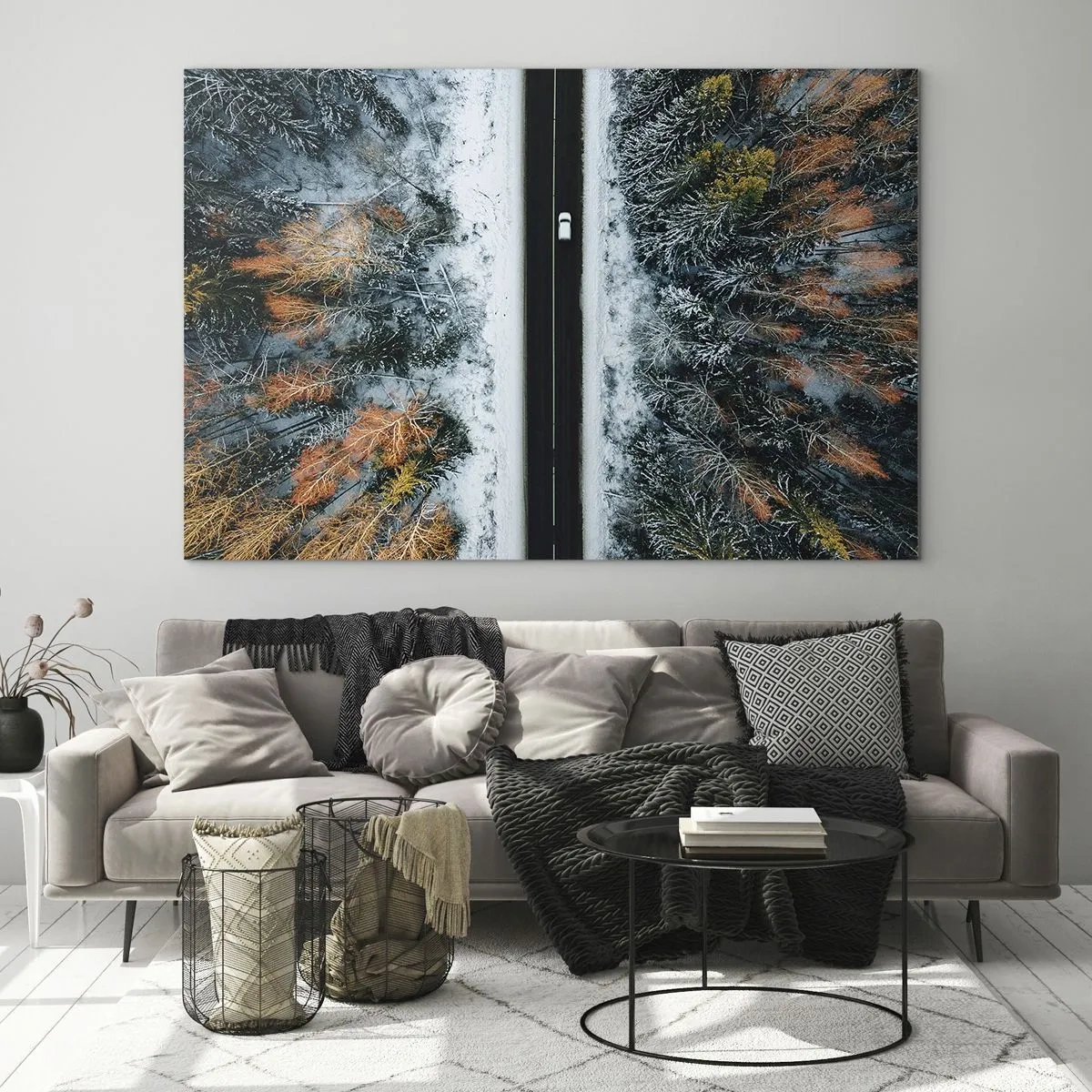 Schilderen op glas - Een winterweg door een besneeuwd bos met kleurrijke bomen - 70x50cm - Snijd door het winterbos - Moderne wanddecoratie voor woonkamer en slaapkamer ARTTOR