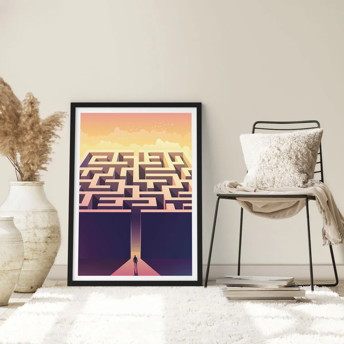 Poster in een zwarte lijst - Een symbolisch labyrint in gouden licht - 50x70cm - Beslissingstijd - Moderne wanddecoratie voor woonkamer en slaapkamer ARTTOR