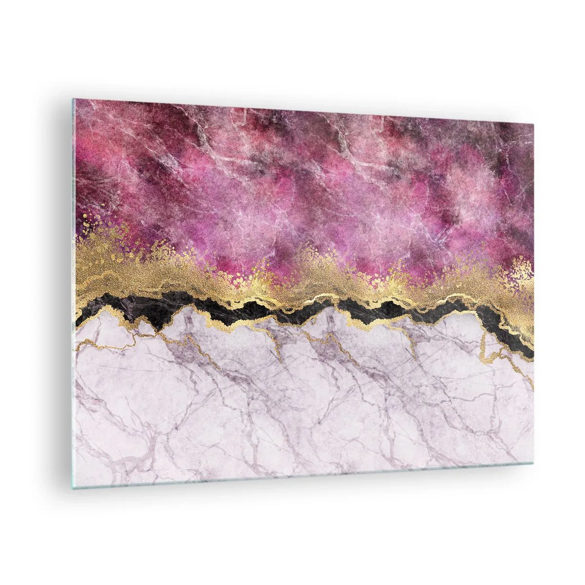 Schilderen op glas - Abstracte marmeren compositie met gouden en paarse accenten - 70x50cm - Op de grens - Moderne wanddecoratie voor woonkamer en slaapkamer ARTTOR