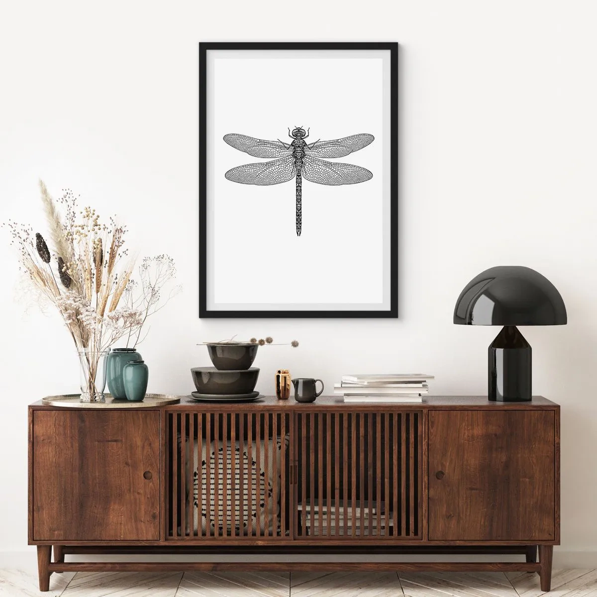Poster in een zwarte lijst - Zwart-witillustratie van een libel op een witte achtergrond - 50x70cm - Precisie van de natuur - Moderne wanddecoratie voor woonkamer en slaapkamer ARTTOR
