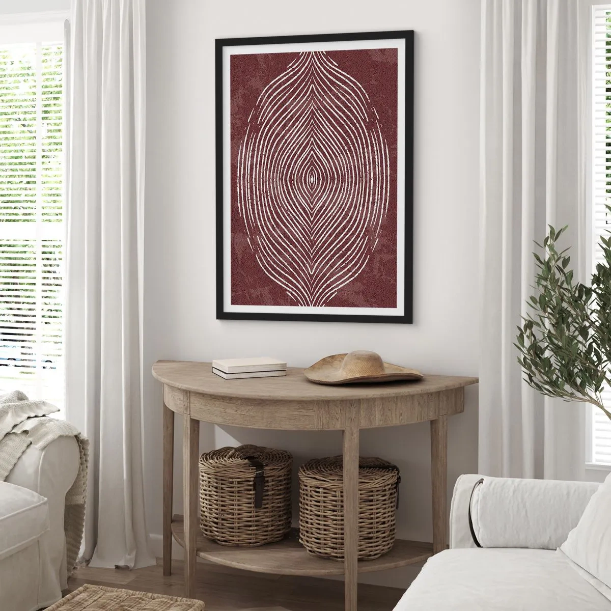 Poster in een zwarte lijst - Een hypnotiserend patroon van witte lijnen op een bruine achtergrond. - 50x70cm - De ruimte spreekt - Moderne wanddecoratie voor woonkamer en slaapkamer ARTTOR