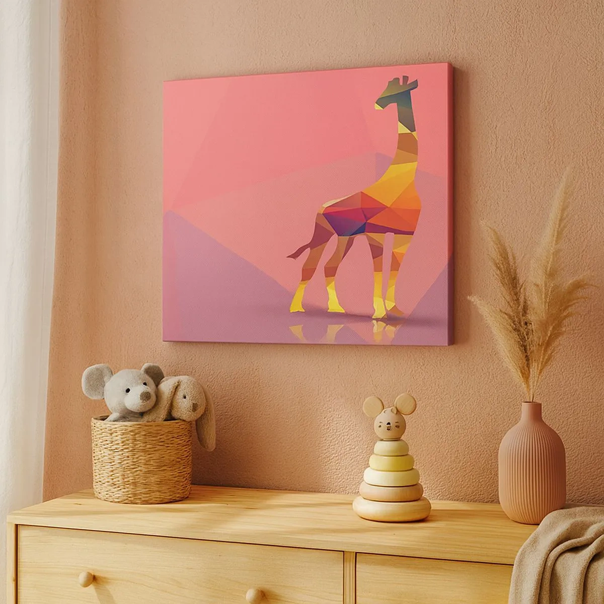 Schilderen op canvas - Geometrisch girafsilhouet in pasteltinten roze en geel - 70x50cm - In de kleuren van de savanne - Moderne wanddecoratie voor woonkamer en slaapkamer ARTTOR