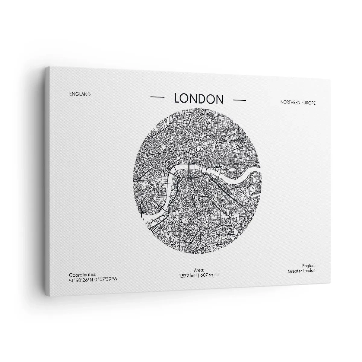 Schilderen op canvas - Een minimalistische kaart van Londen in zwart-wit met nauwkeurige details. - 70x50cm - Anatomie van Londen - Moderne wanddecoratie voor woonkamer en slaapkamer ARTTOR